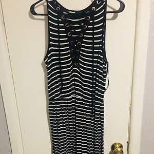 Black & White Striped Long Dress w/ Lace Up Front